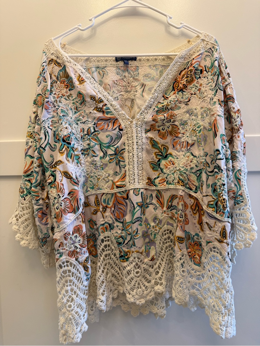 Democracy Size Plus 3X Boho Floral Embroidered Crochet Lace Peasant Top Tunic